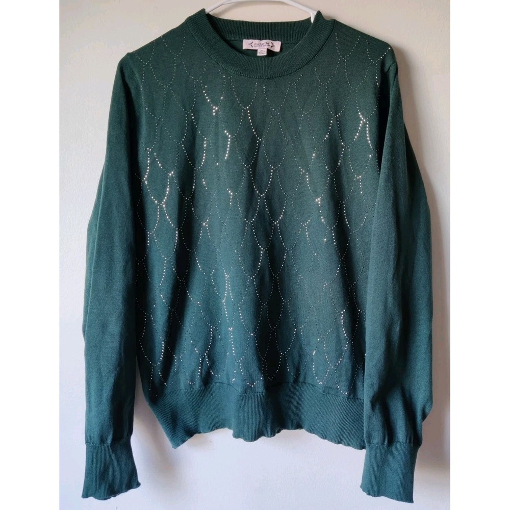 Nanette Lepore Womens Medium Metallic Green Ribbed Sleeve Round‎ Neck Sweater
